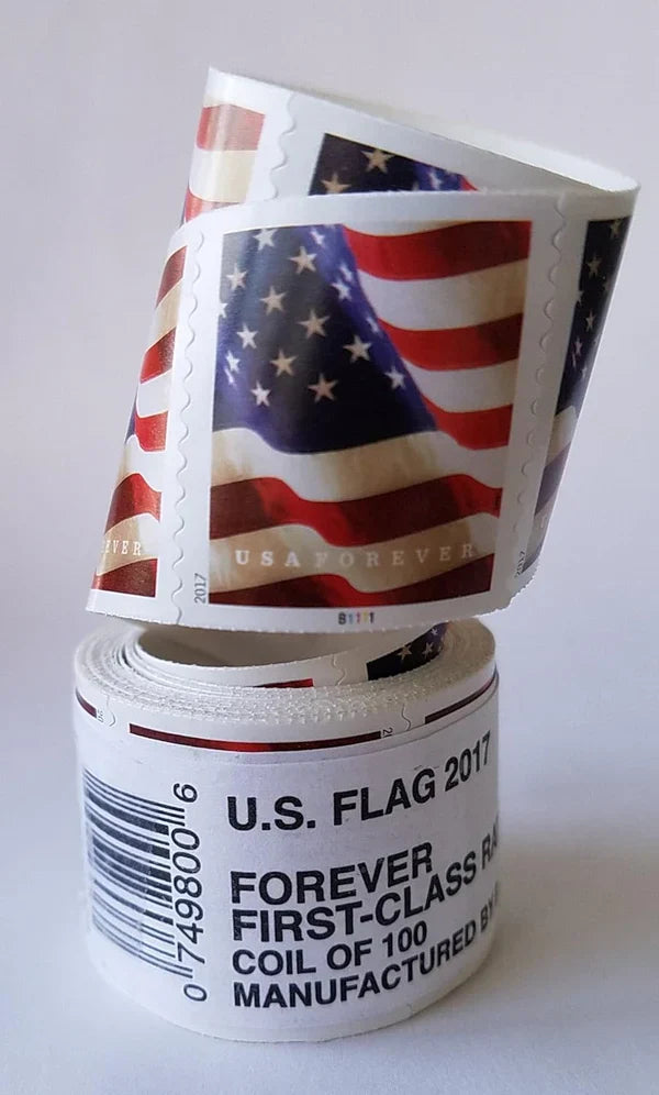 Flag Forever Stamps-100 Rolls Coil (Self-Adhesive)-10,000 Stamps
