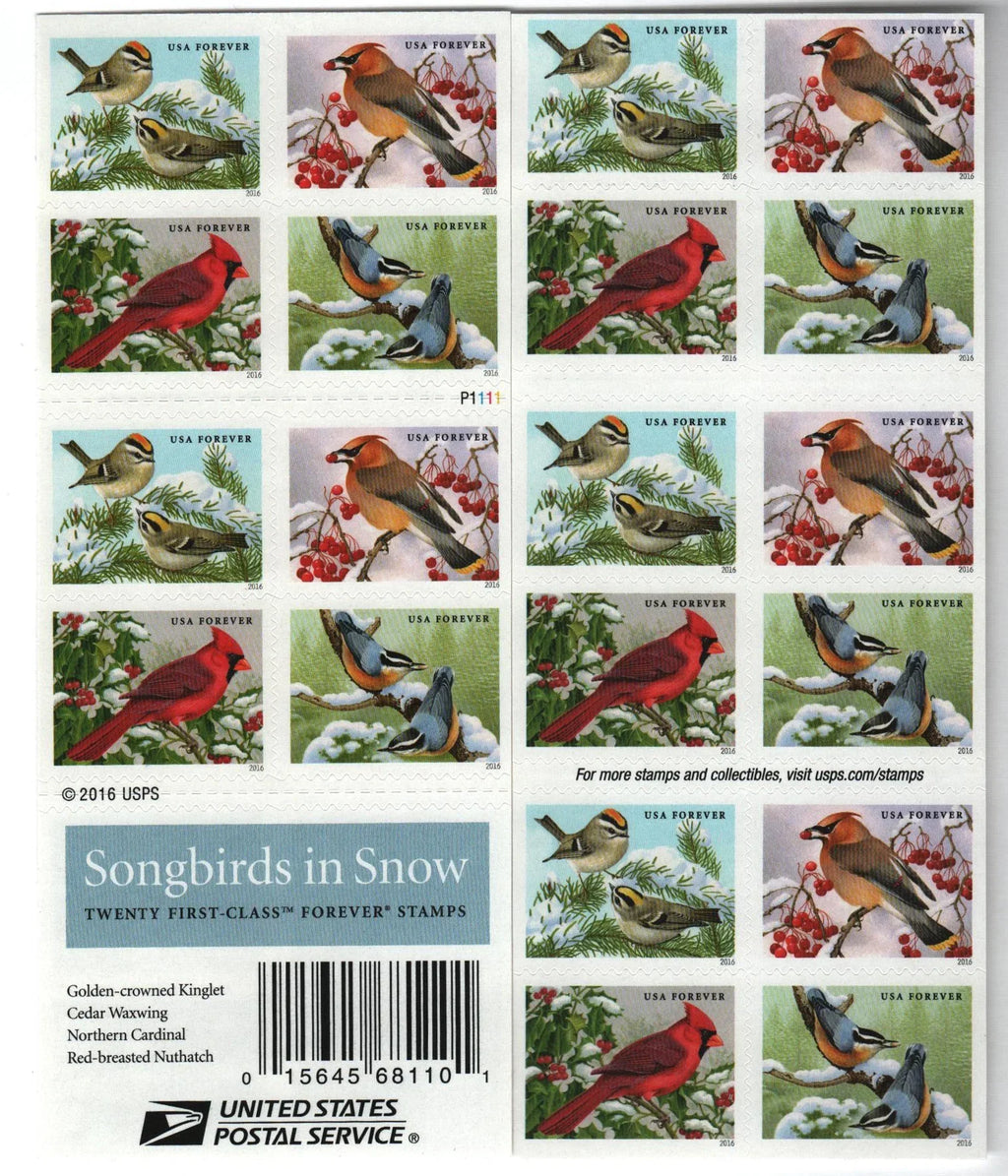 Forever Stamps 2016 Songbirds in Snow-Seasonal Wildlife, First-Class Postage