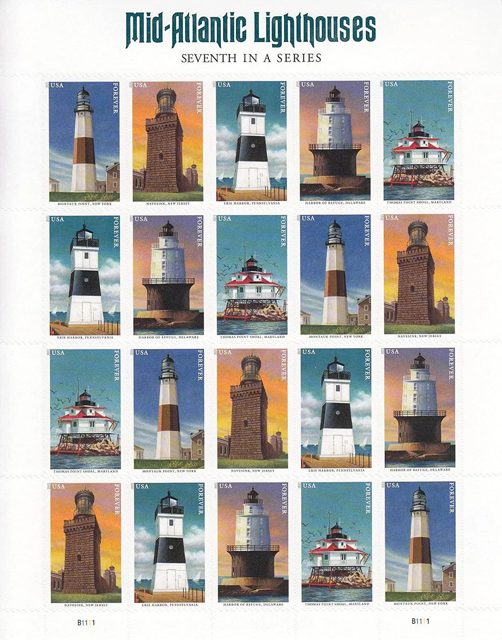 Forever Stamps 2021 Mid-Atlantic Lighthouses-Coastal Collection, First-Class Postage
